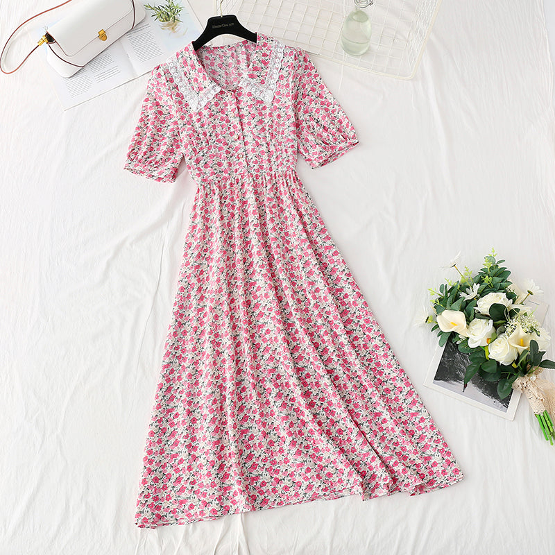 Sweet lace doll neck floral dress gentle wind dress  4856