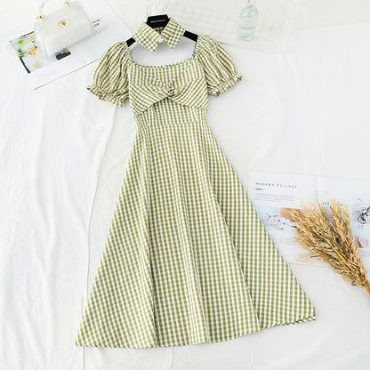 New style bubble sleeve design sense of minority French retro plaid skirt  4691