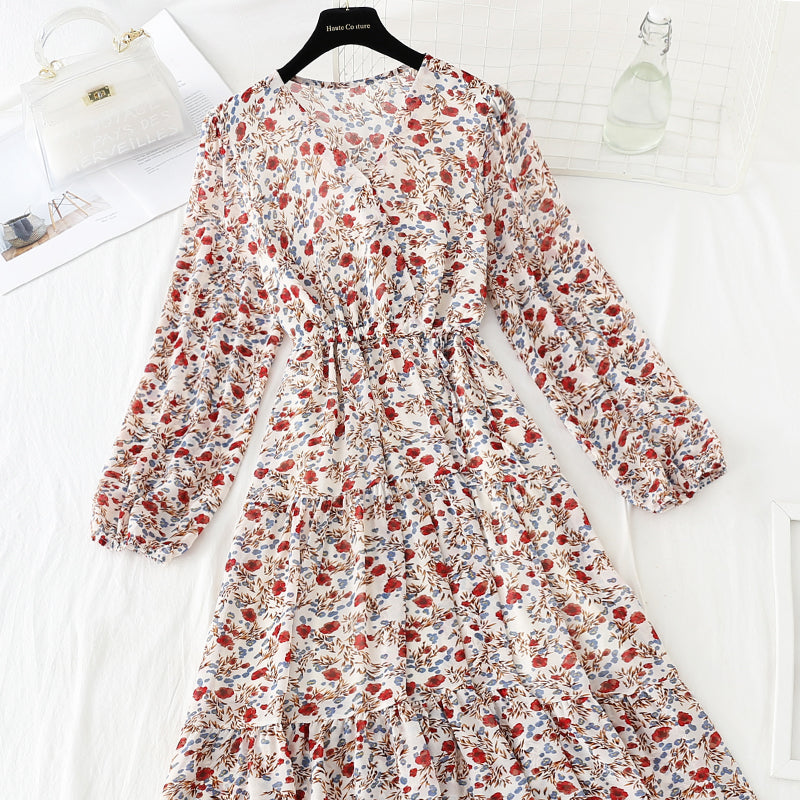 V-neck lace up waist Floral Dress  4798