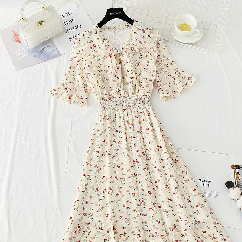 Slim tea break chiffon skirt retro floral long skirt  4892