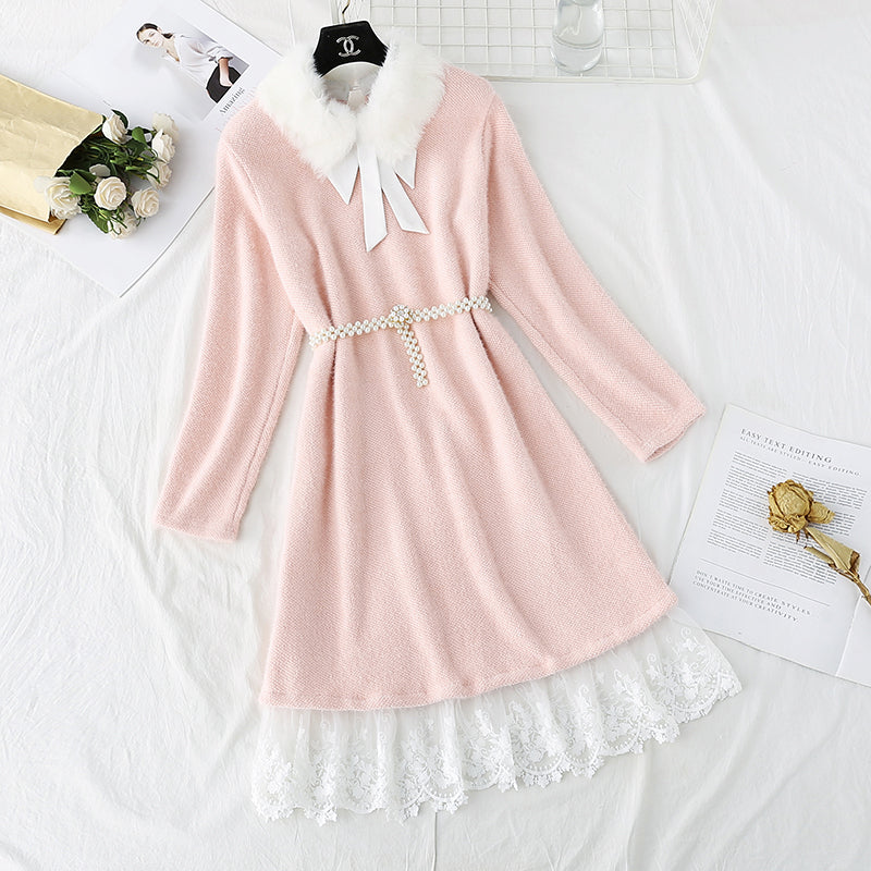 Seahorse wool knitted dress fake two pieces of stitched lace  4777