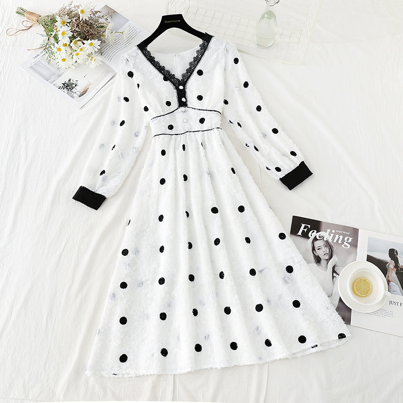 Wave point dress, celebrity temperament, lace stitching  4743