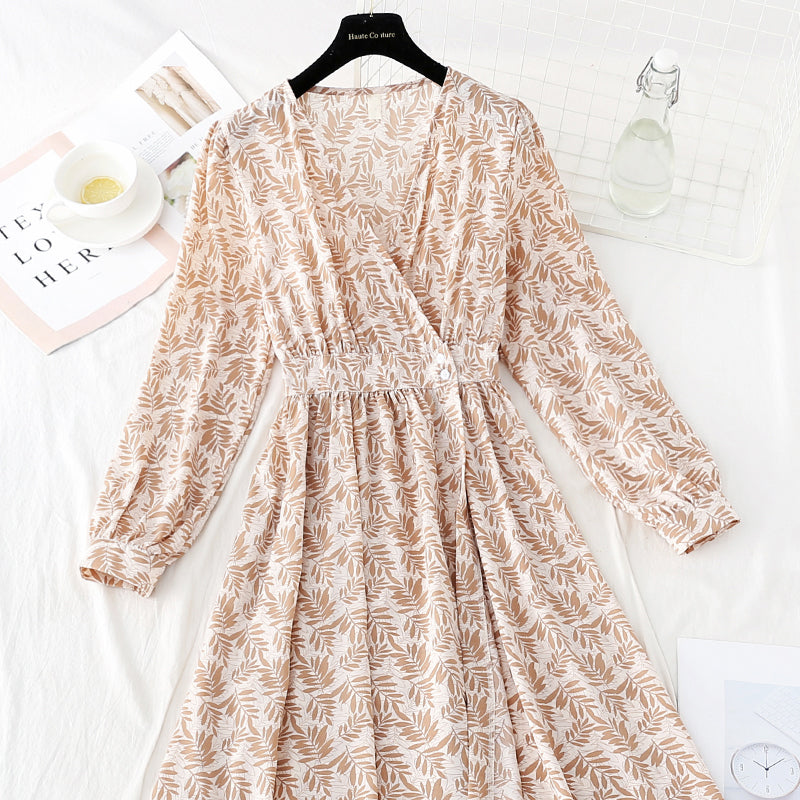 V-neck waist closing Chiffon Dress slim and light mature wind floral skirt  4806