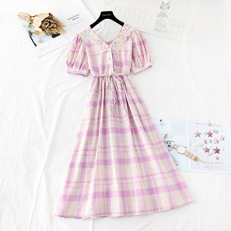 New lace doll collar sweet Plaid Cotton Linen Skirt fairy super fairy series  4598