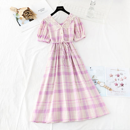 New lace doll collar sweet Plaid Cotton Linen Skirt fairy super fairy series  4598