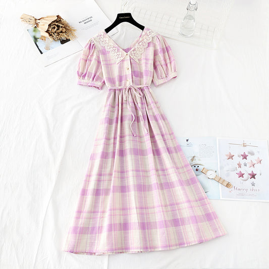 New lace doll collar sweet Plaid Cotton Linen Skirt fairy super fairy series  4598