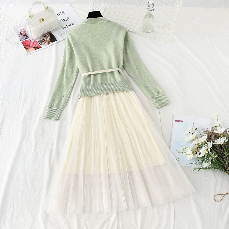 New gentle sweater with mesh suspender skirt two-piece set  4739