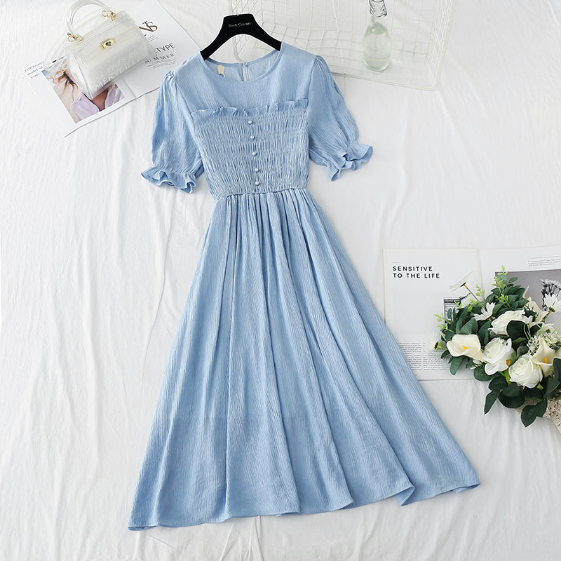 Cotton linen dress French retro slim dress  4884