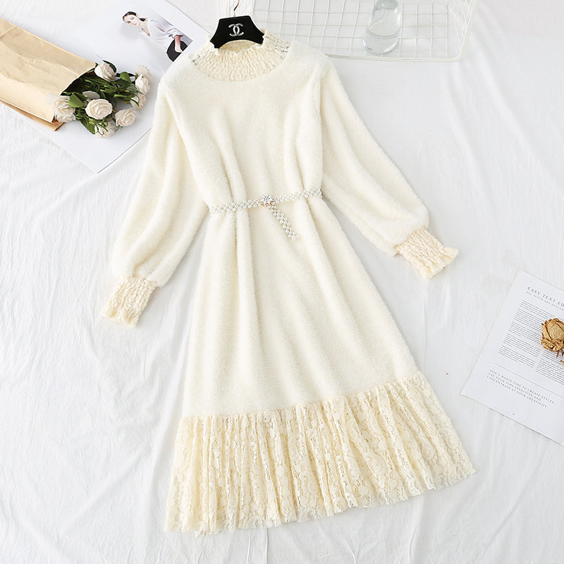 New style lace stitched knee length mink sweater with bottom skirt  4767