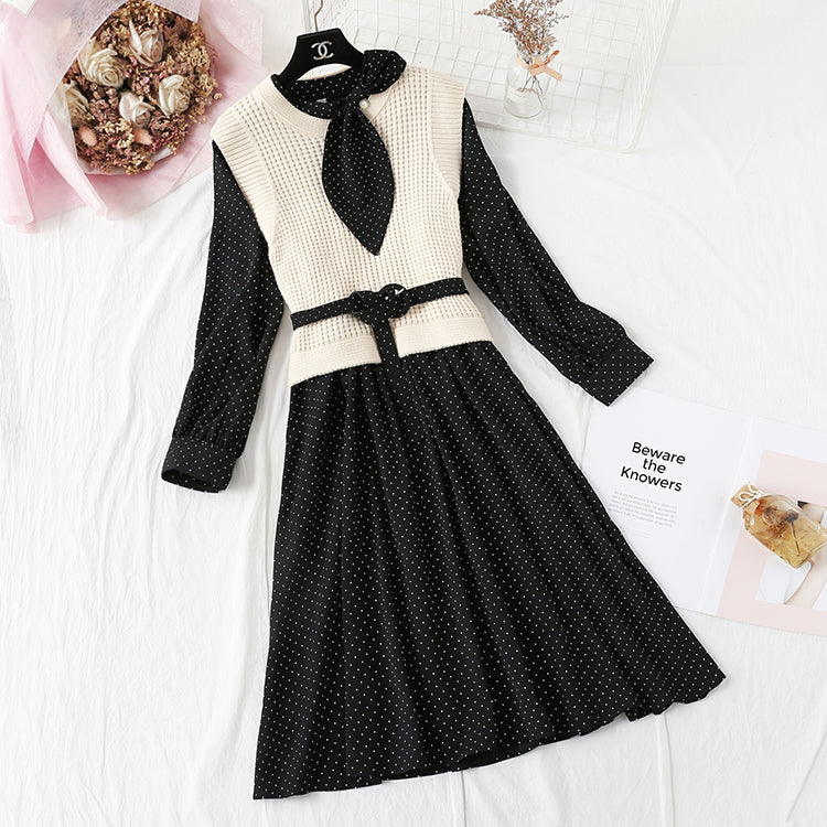 Net red Knitted Vest + Polka Dot bottomed skirt two-piece suit  4733