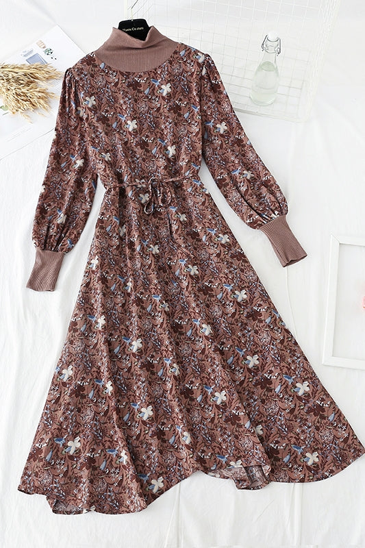 High neck floral dress with coat stitching  4783