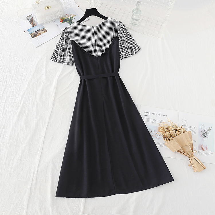 New stitched fake two piece dress women's French dress  4636