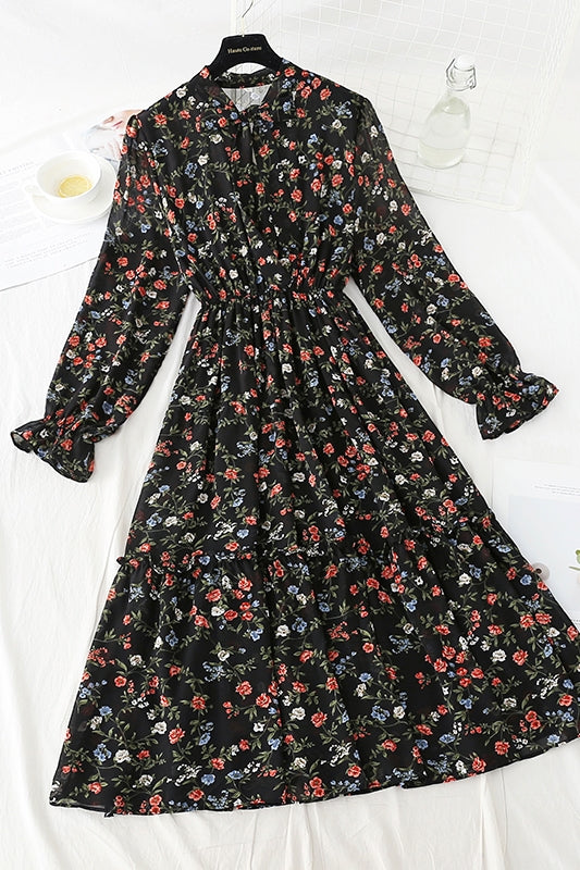 Bow Elastic Waist floral dress Ruffle  4815