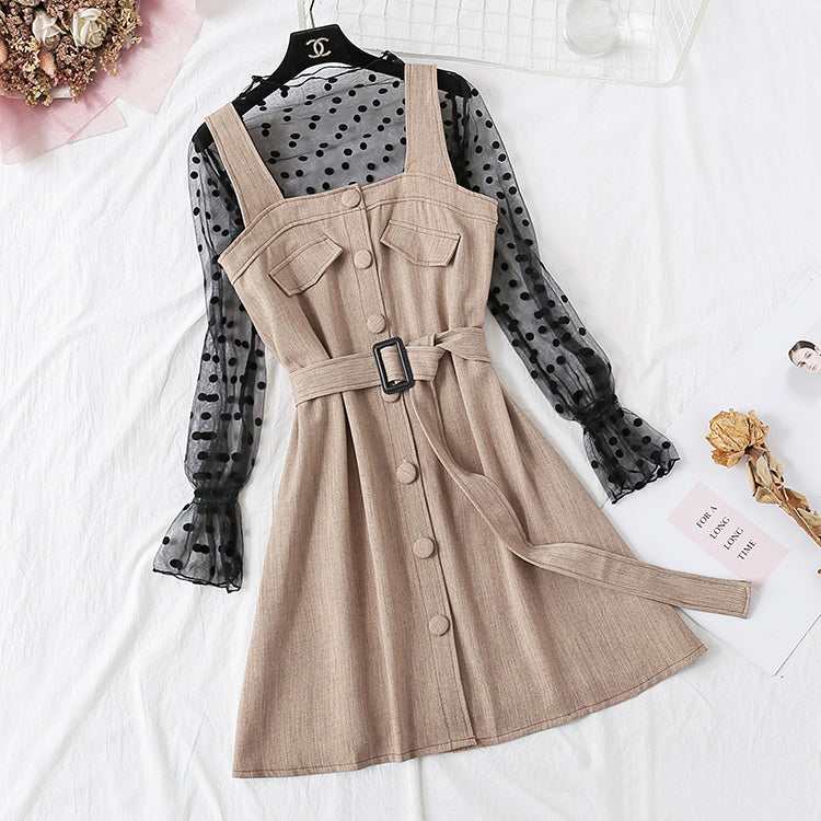 Suspender dress + Polka Dot mesh bottomed shirt set female  4710