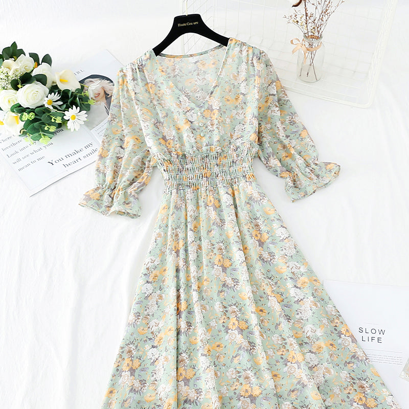 New French retro gentle fairy long skirt Short Sleeve Chiffon first love skirt  4854