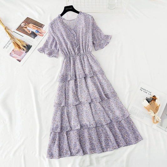 The new waist is slim, French retro Chiffon Cake long skirt  4602