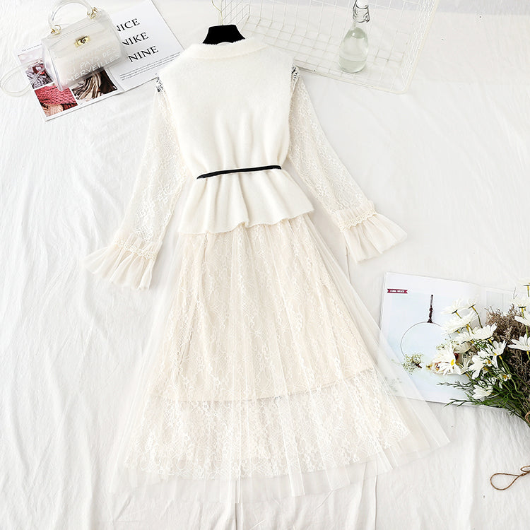 Super fairy lace dress vest skirt two piece set  4740