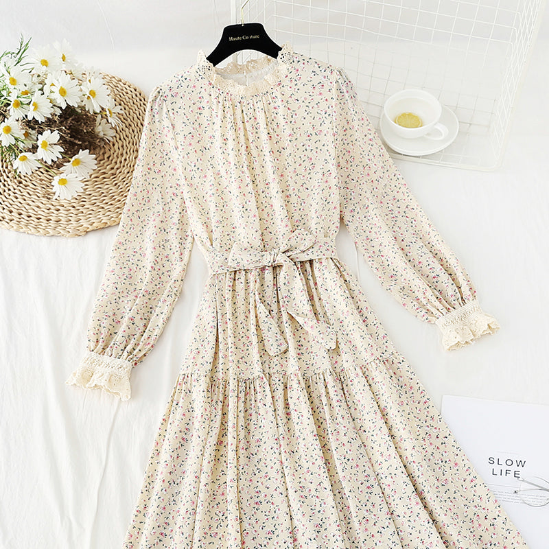 Ruffle sleeve waist closing slim large swing Floral Dress  4830