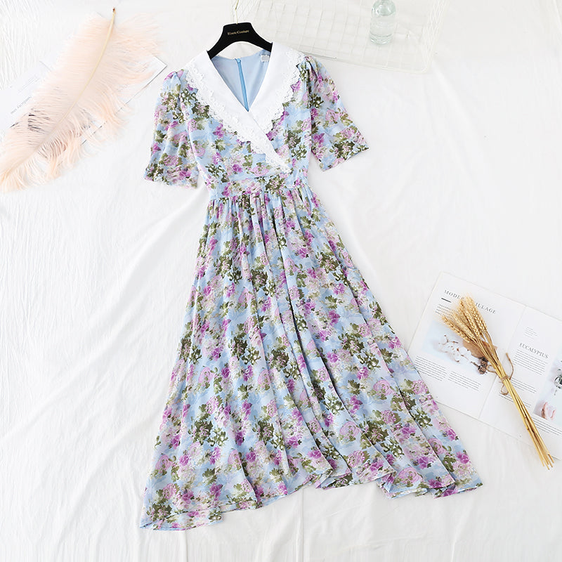 Irregular cross neck long cut-out waist closing thin Chiffon Dress  4687