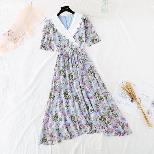 Irregular cross neck long cut-out waist closing thin Chiffon Dress  4687