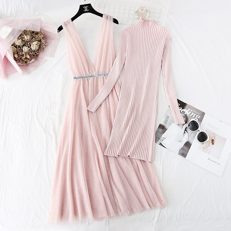 New sweater over knee mesh celebrity small fragrance suit long skirt  4766