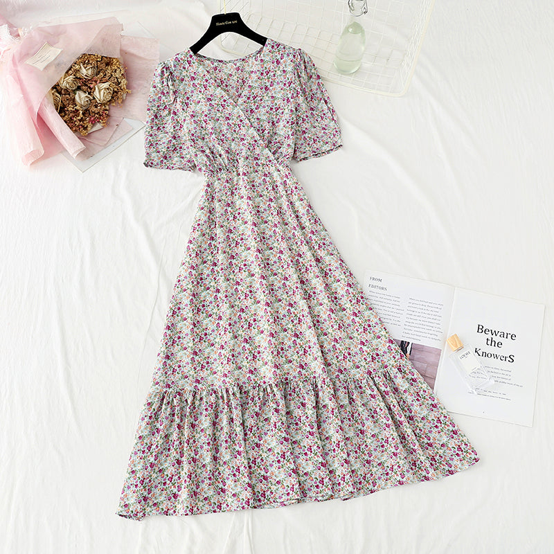 Floral Chiffon Dress gentle wind long skirt sweet V-neck  4859