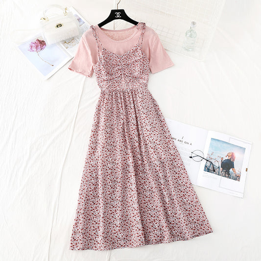 Small fresh sweet broken flower suspender dress  4587