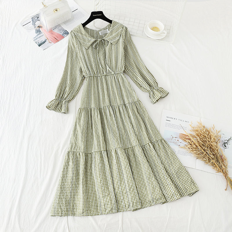 Long sleeve high waist thin French first love lattice fairy gentle dress  4721