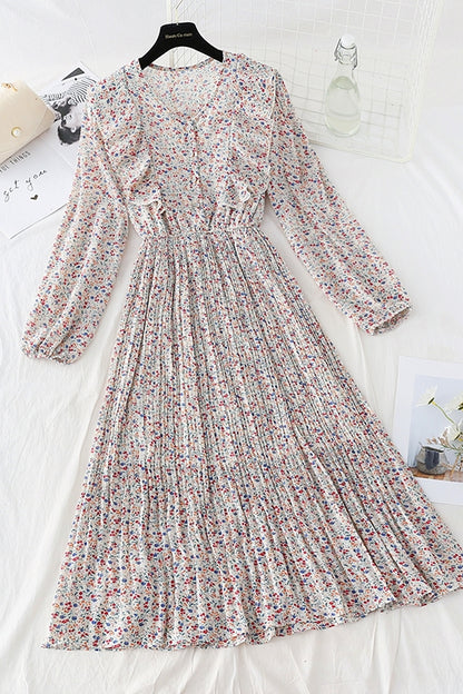 New Ruffle Chiffon Dress Chiffon over knee thin pleated skirt  4803