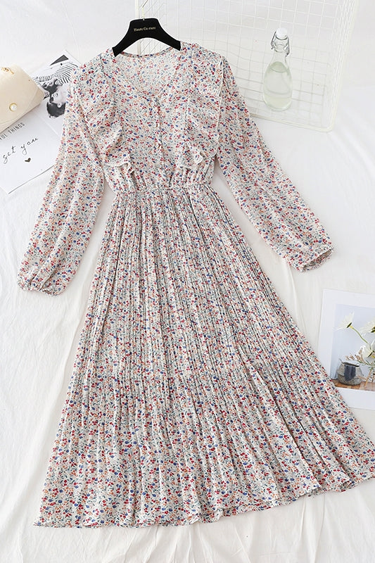 New Ruffle Chiffon Dress Chiffon over knee thin pleated skirt  4803