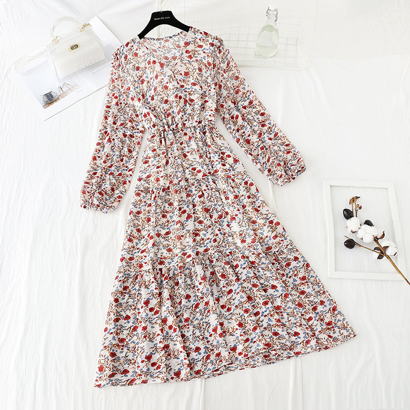 V-neck lace up waist Floral Dress  4798