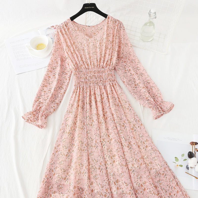 New women's pleated elastic waist Floral Dress  4816