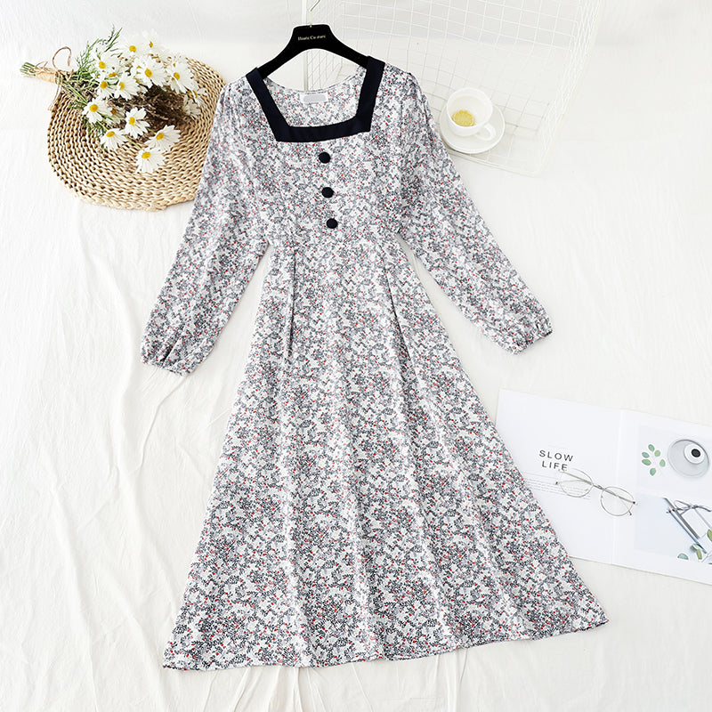 French tea break retro square collar niche chiffon long skirt  4836