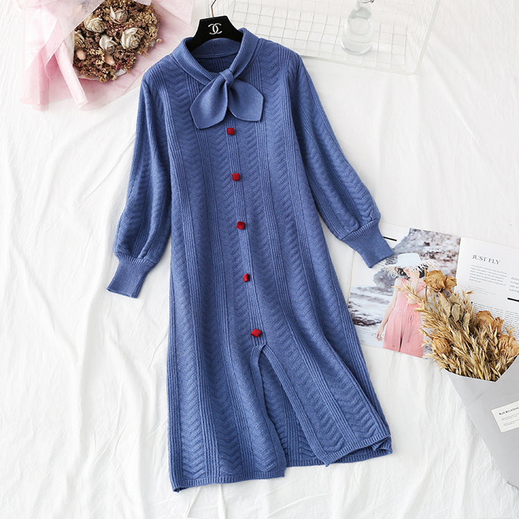 Net red knitted dress French retro knee sweater skirt  4730