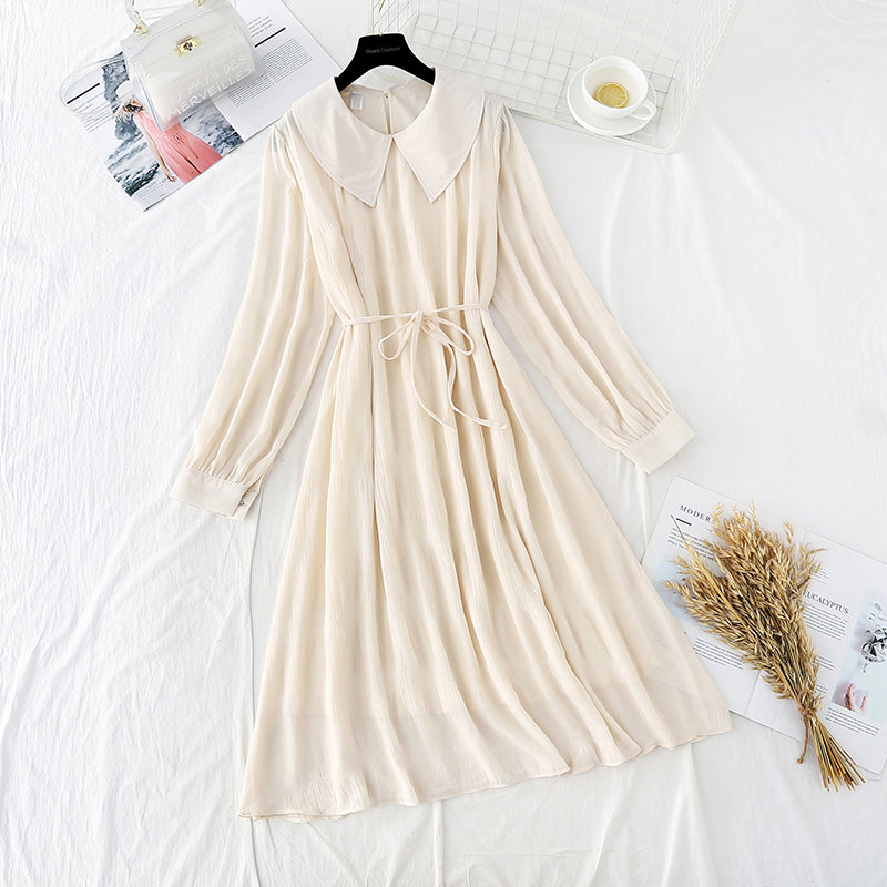 New solid color backing Lapel Chiffon Lace up gentle wind first love long skirt  4720