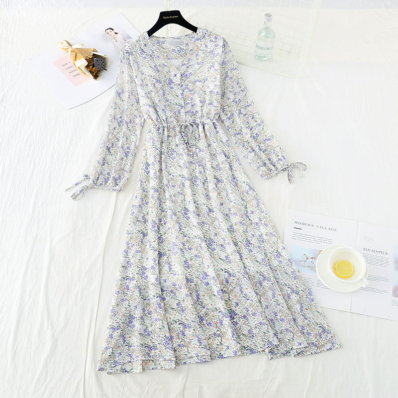 New long sleeve waistband lace up thin Chiffon gentle wind Floral Dress  4719