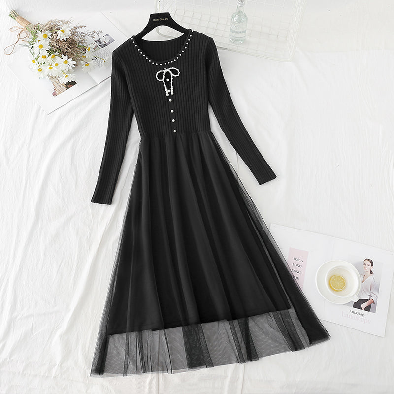 The new waist is slim and retro mesh stitched sweater skirt  4781