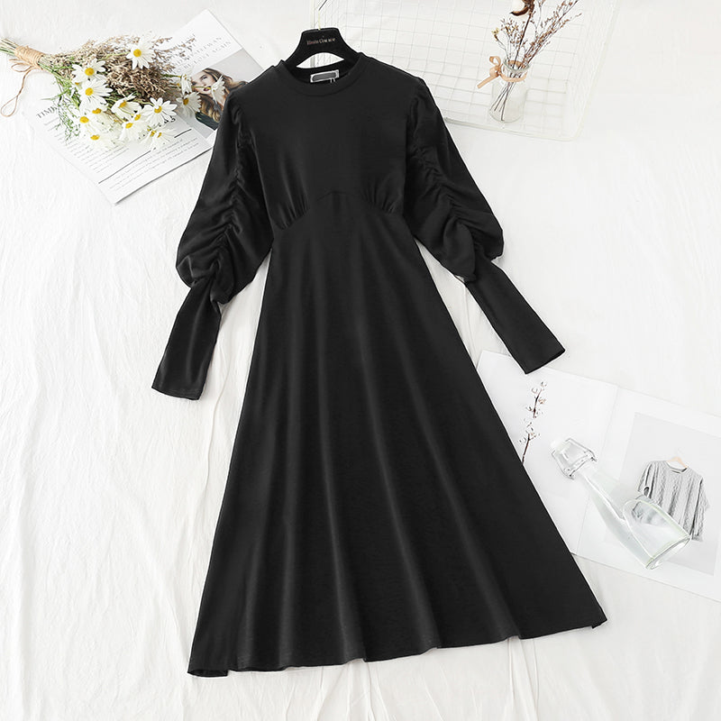 New women's bubble sleeve pleated belly covering dress  4811