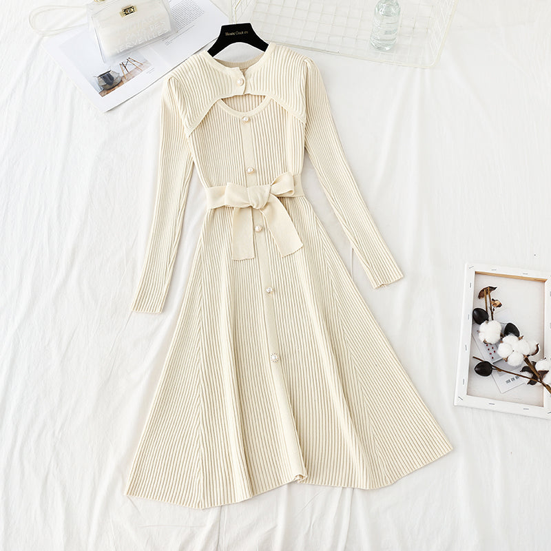 Hollow out pearl button slim waist over knee wool dress  4751