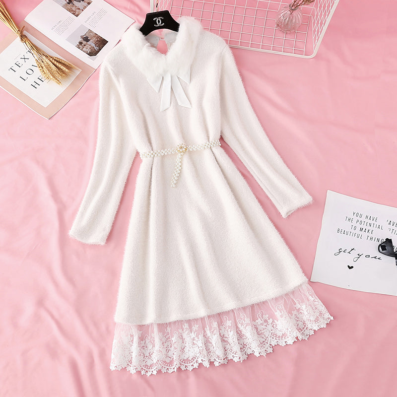 Seahorse wool knitted dress fake two pieces of stitched lace  4777