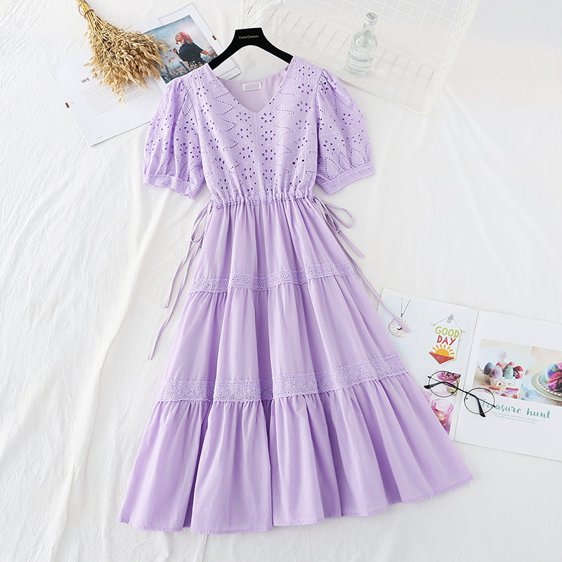 New hollow out Crochet skirt bubble sleeve French fairy dress  4625