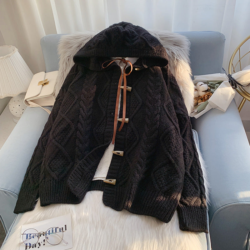 Ox horn button hooded twist sweater coat  4990