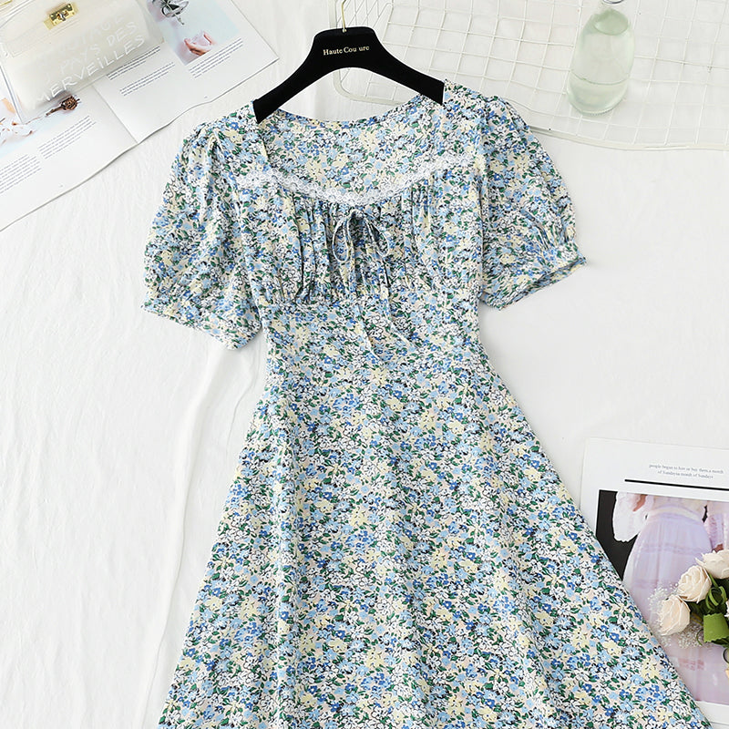 New style gentle wind sweet square collar lace temperament small skirt  4860