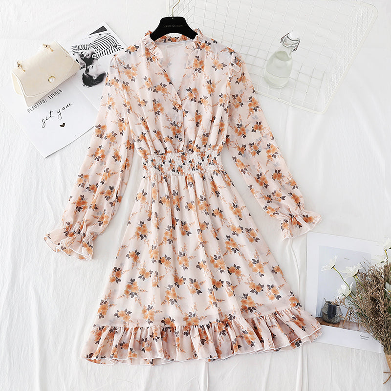 New female V Neck elastic waist Floral Dress Chiffon Skirt  4813