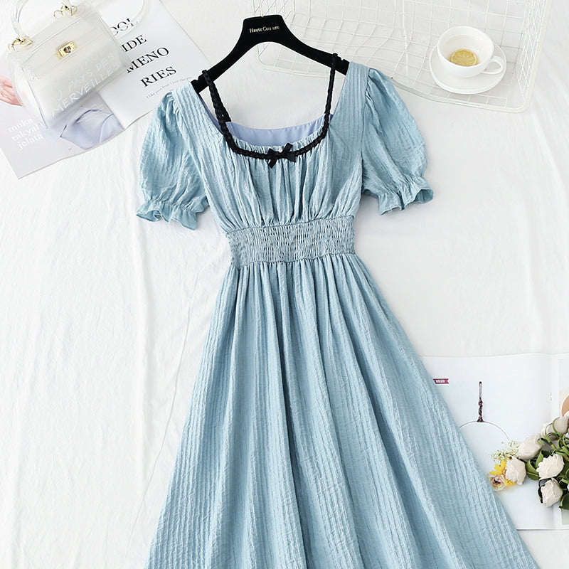 New French retro long skirt small fresh bubble sleeve fairy skirt  4904