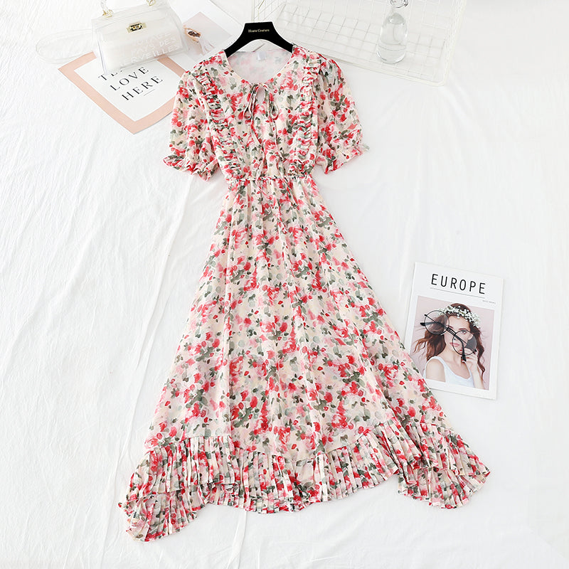 New gentle wind fairy waist closing thin Bubble Sleeve Chiffon Skirt  4624