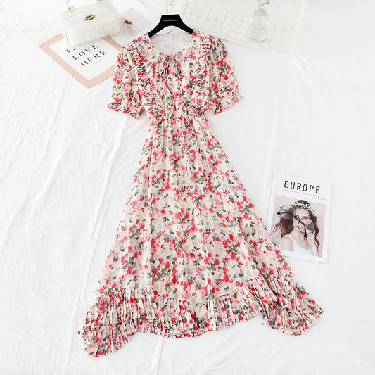 New gentle wind fairy waist closing thin Bubble Sleeve Chiffon Skirt  4624