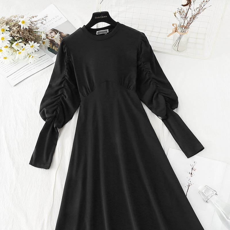 New women's bubble sleeve pleated belly covering dress  4811
