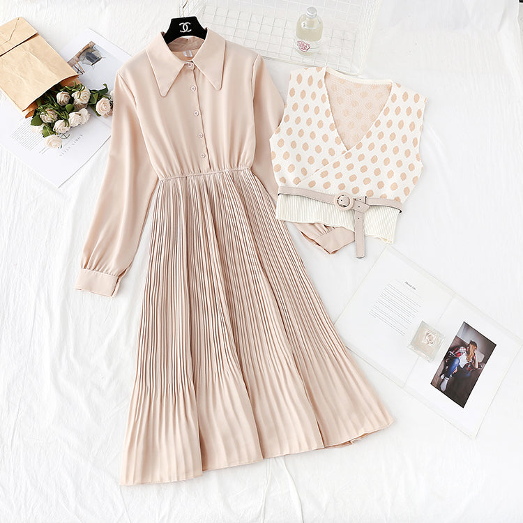 French retro wave point vest long skirt two-piece suit  4732