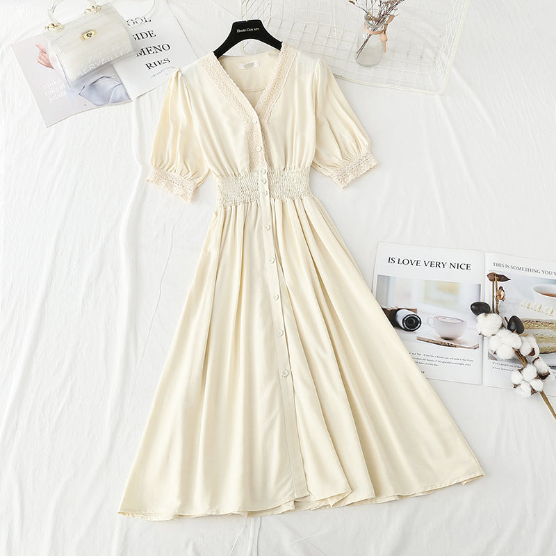 Lace edge French retro temperament, narrow waist and small black skirt  4905